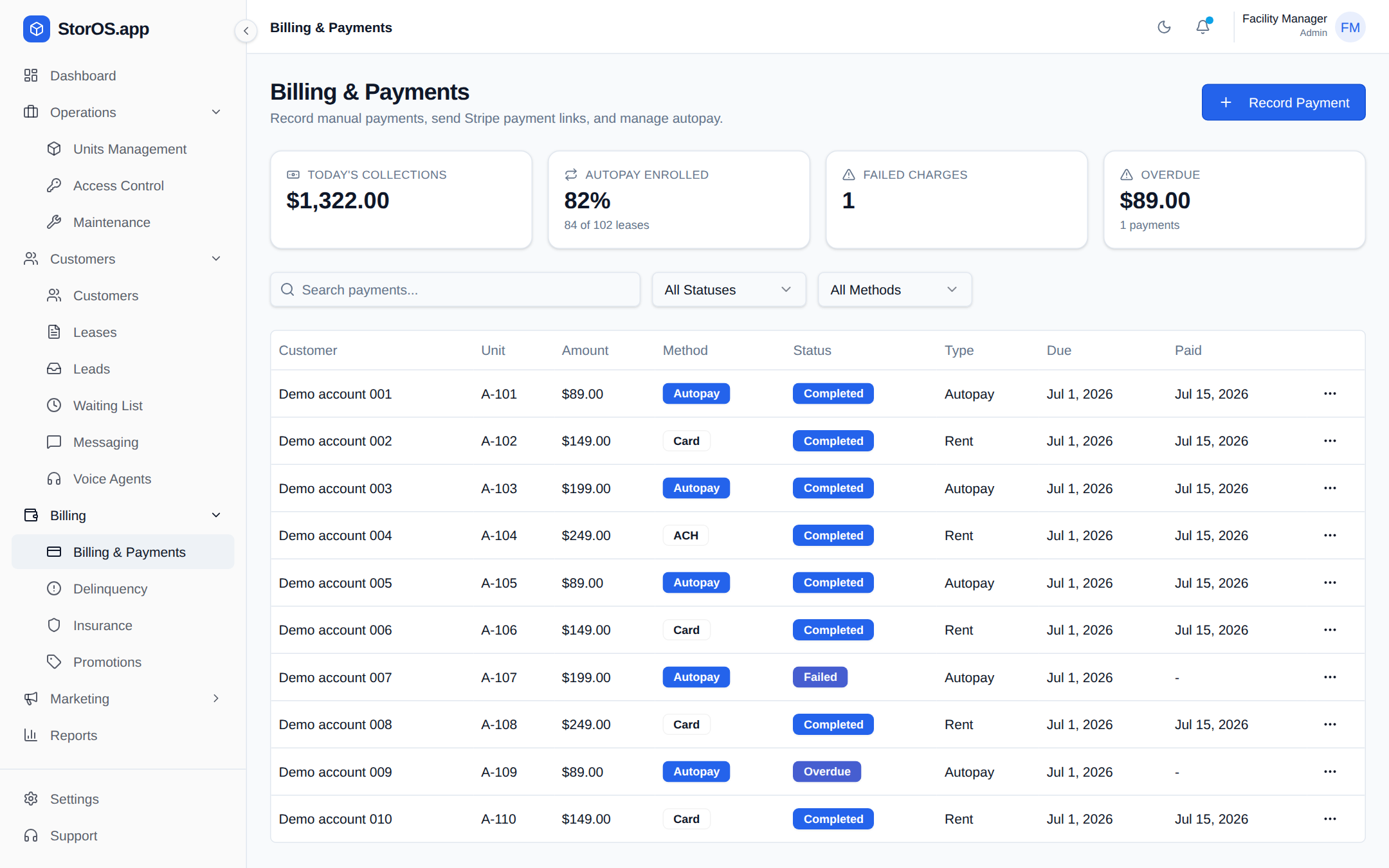 StorOS billing and payments ledger